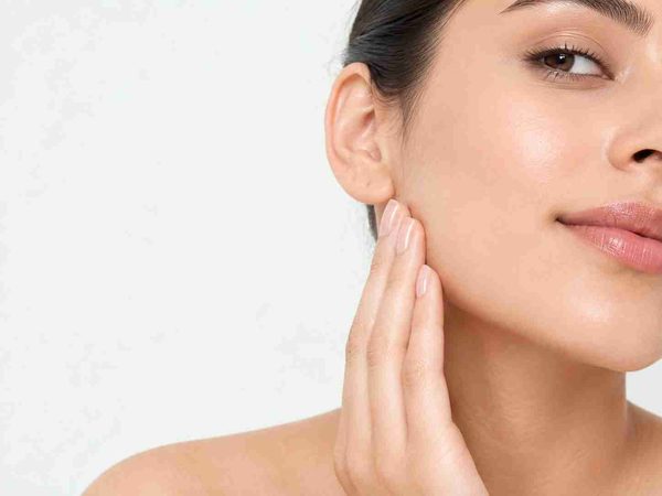 A woman with smooth, even-toned skin touching her jawline after an aesthetic treatment