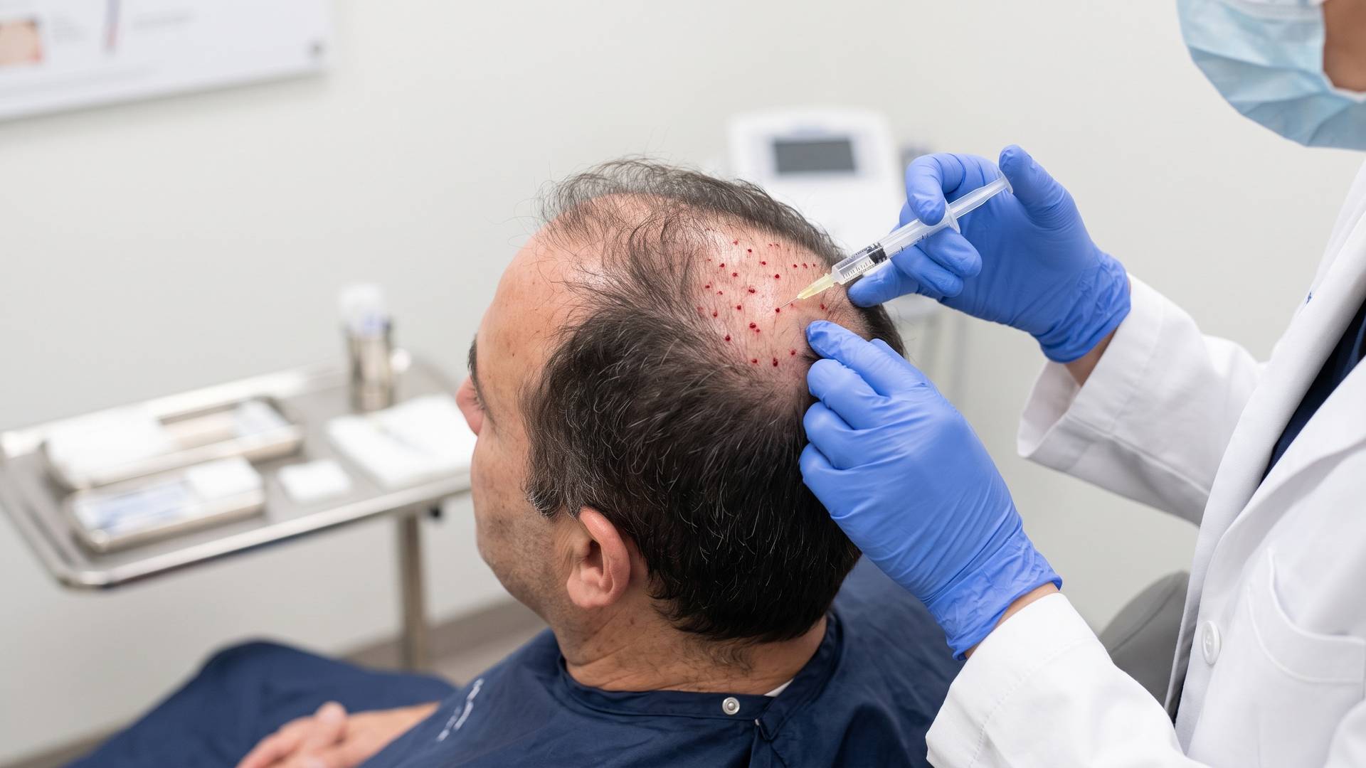 A doctor giving a scalp injection to a patient with thinning hair